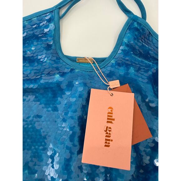 Cult Gaia Lily Sequence Dress Blue Halter Neckline Key Hole Size M NWT - Picture 7 of 9